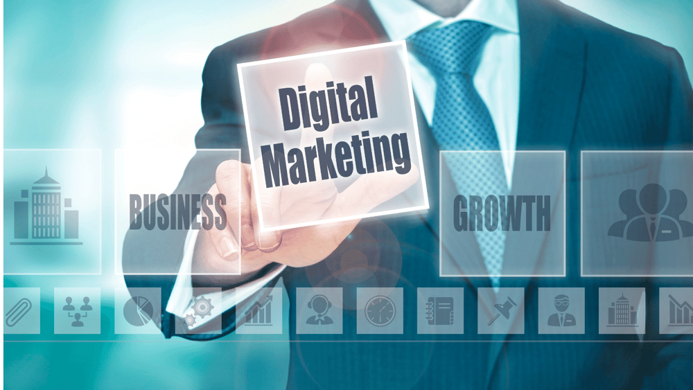 Businessman selecting 'Digital Marketing' on futuristic screen, symbolizing growth and business innovation.
