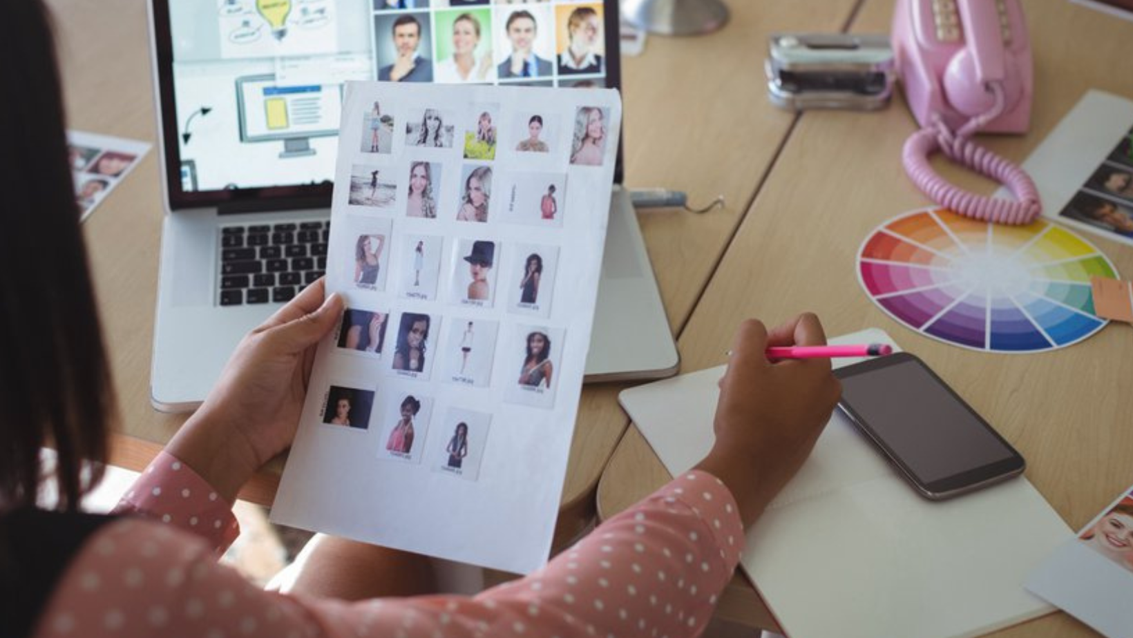 An Ascend Adwerks' team member is sitting at a desk with a laptop and a paper with pictures on it.