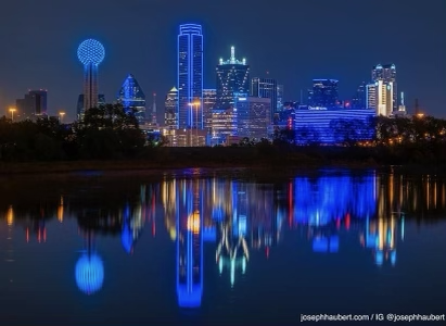 Downtown Dallas Night Skyline Blue Neon