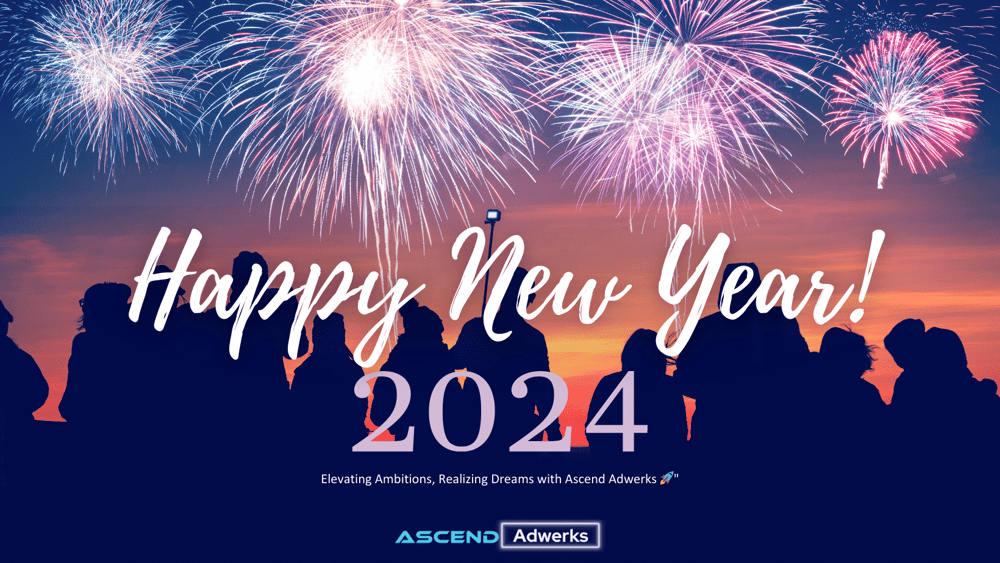 An Ascend Adwerks' 4th of July party with ' Happy New Year 2024!' and the logo.
