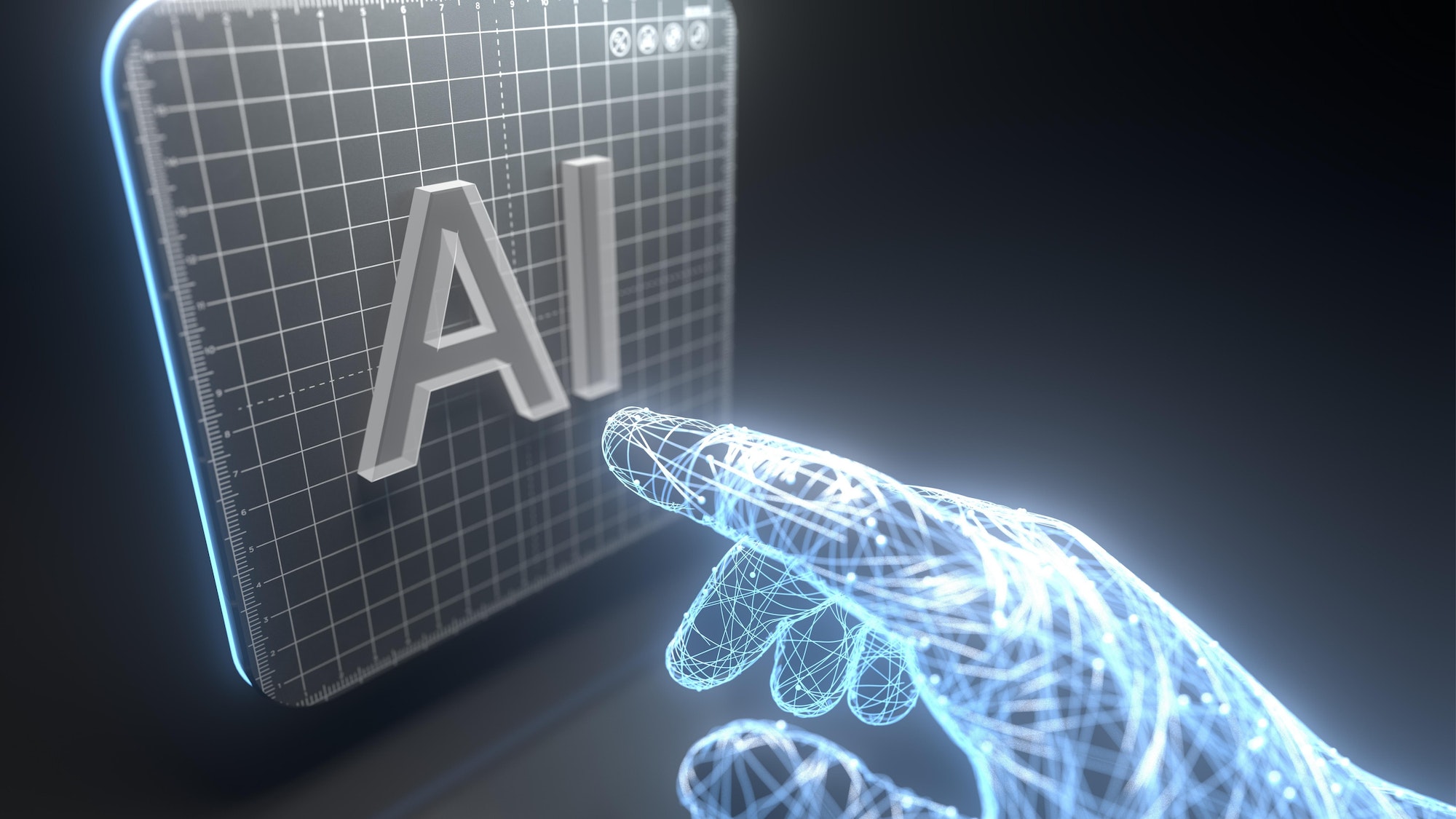 Digital AI hand outreach is selecting a digital button 'AI'.