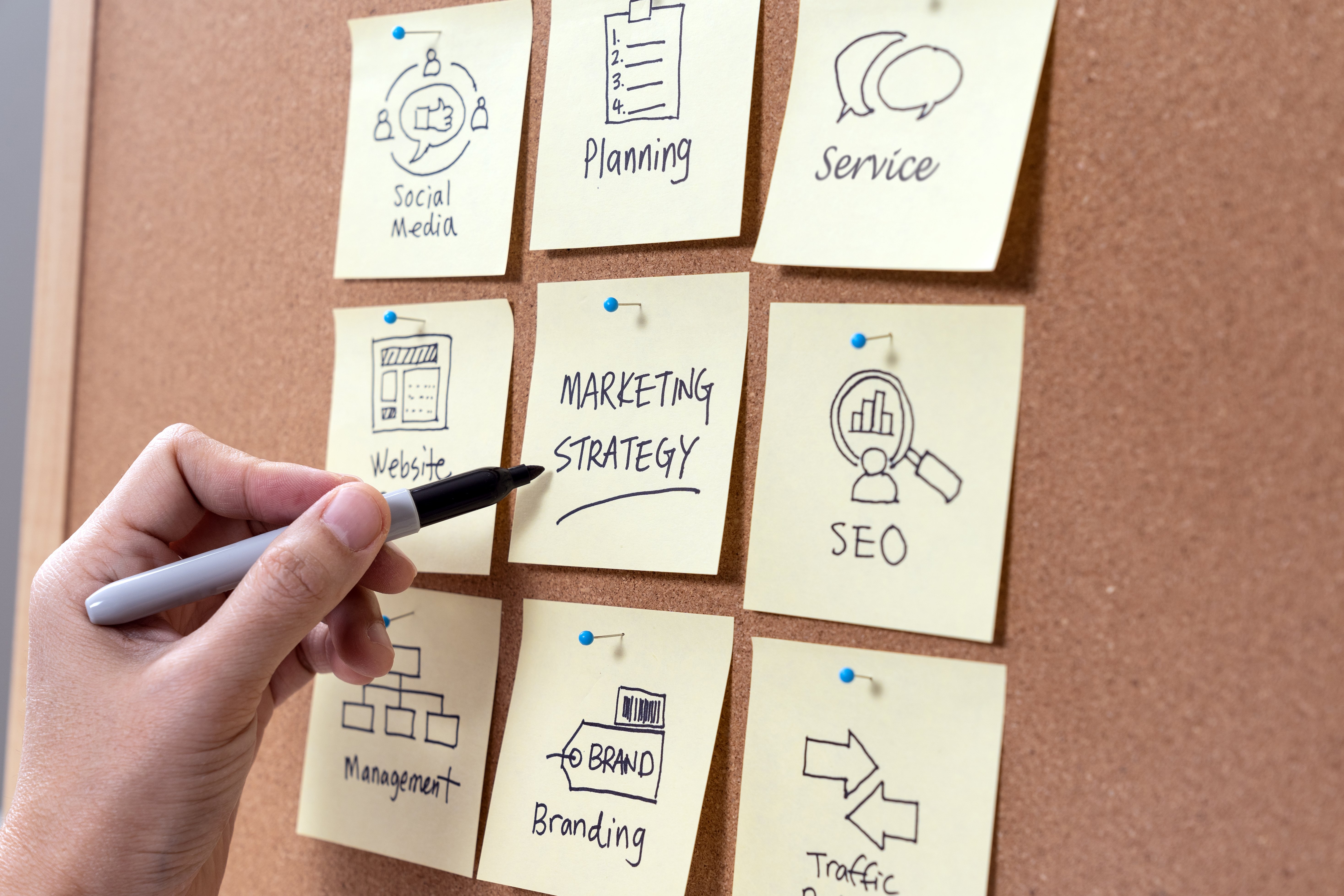 Digital Marketing strategy on a pin board represents Ascend Adwerks strategies.