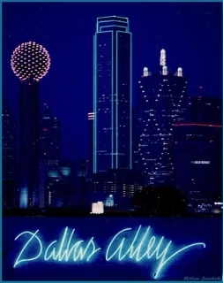A dark blue image of neon blue lights and writing 'Dallas Alley' showcasing the Downtown Dallas Skyline at night.