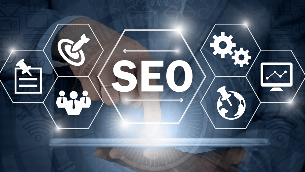Ascend Adwerks' team member selecting 'SEO' on a digital board surrounded by SEO related icons.