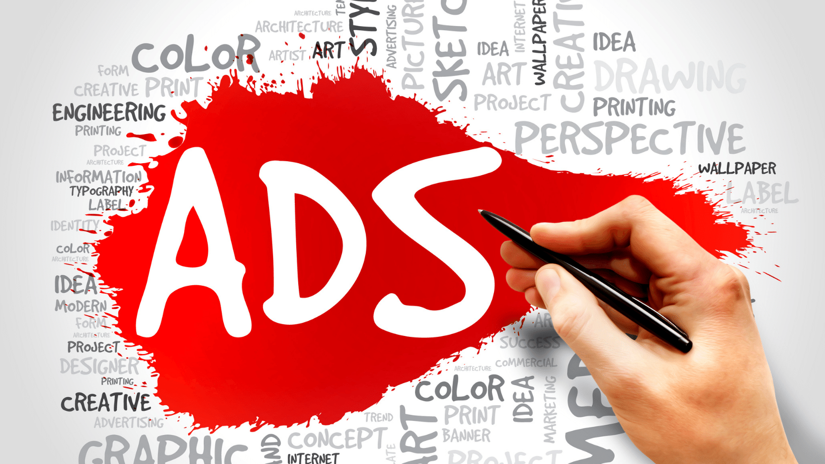Ascend Adwerks' digital board displaying 'Ads' surrounded by several ads related icons.