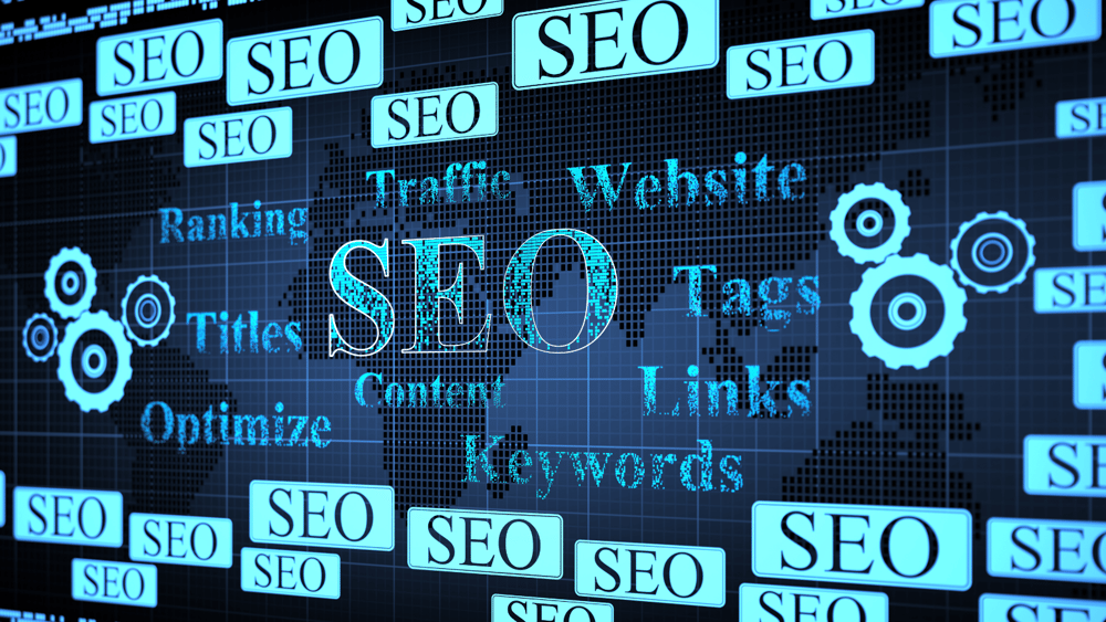 A blue neon virtual board with 'SEO' and several SEO terms written, symbolizing Ascend Adwerks' SEO services.