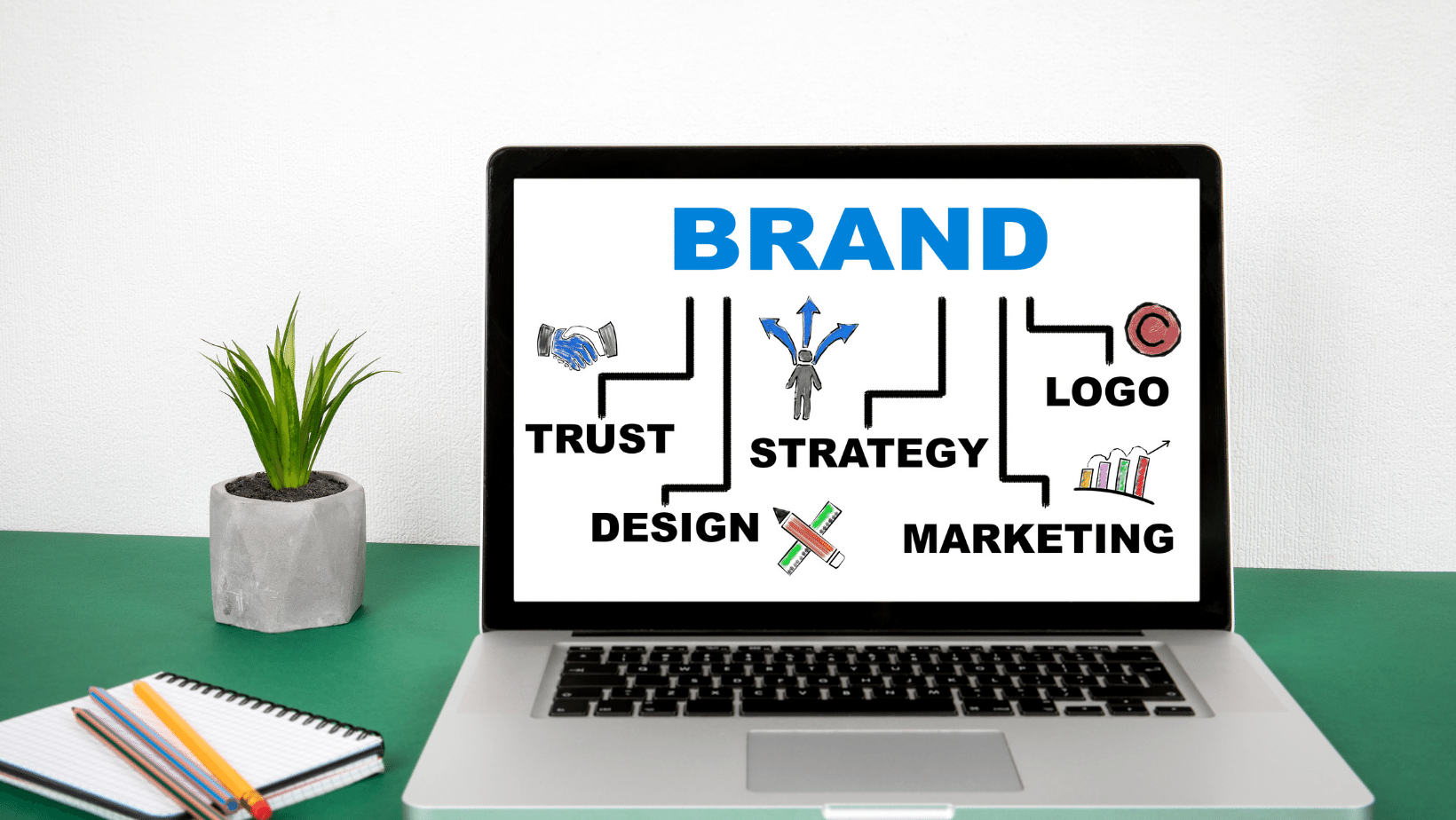 A laptop with the word brand written on it is sitting on top of a desk with a cup of coffee in front of it