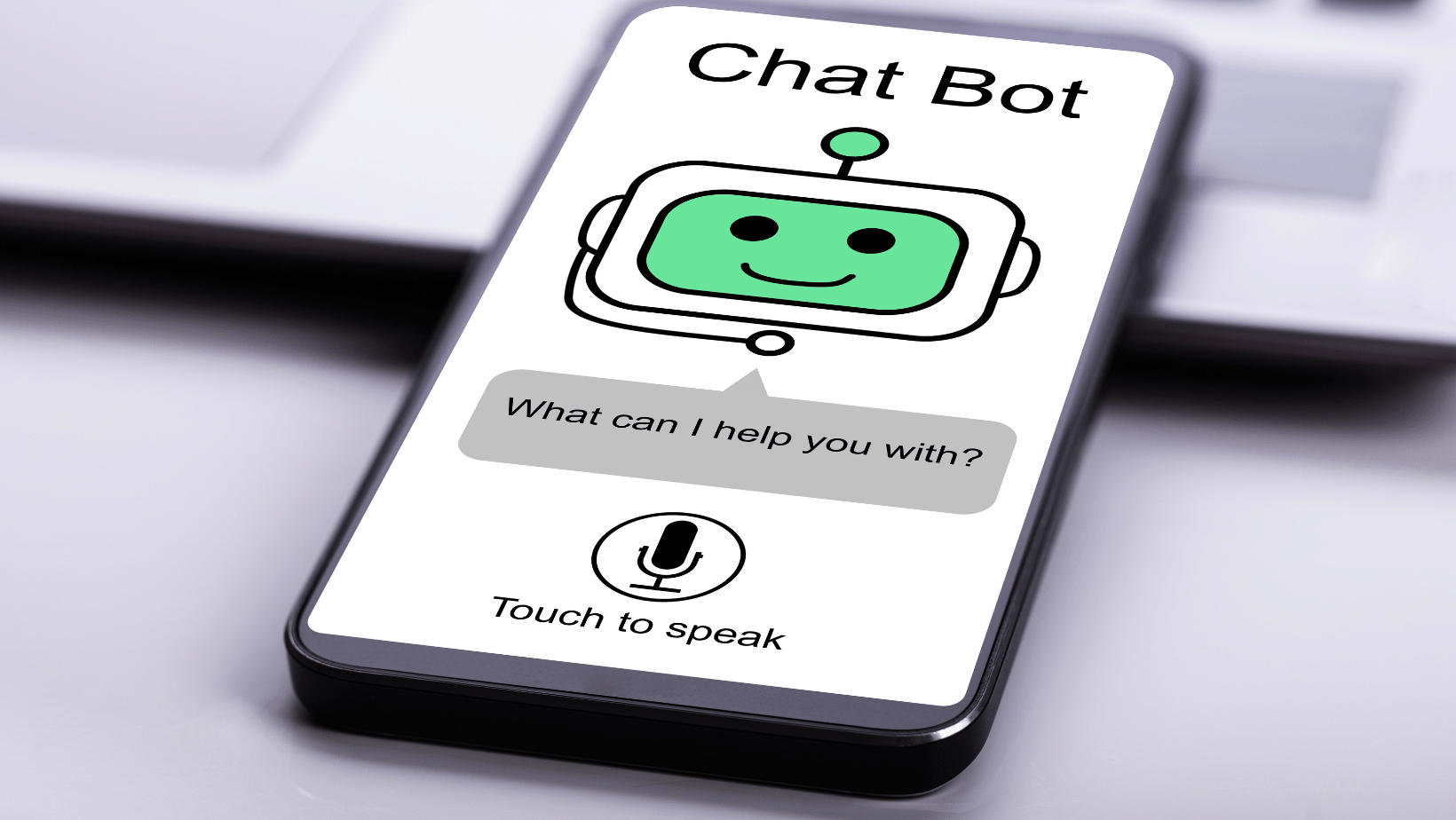 A cell phone shows a depiction of a voice-activated chatbot application for Ascend Adwerks.