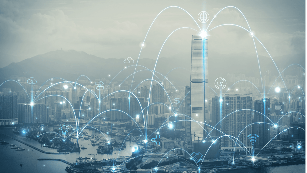 A city is connected to the internet and connected to other cities around the world symbolizing community management services from Ascend Adwerks