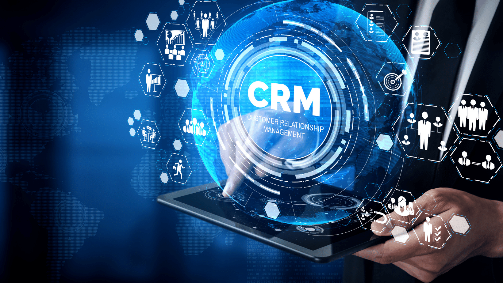 Ascend Adwerks' digital image displays laptop with 'CRM' displayed surrounded by CRM related icons.