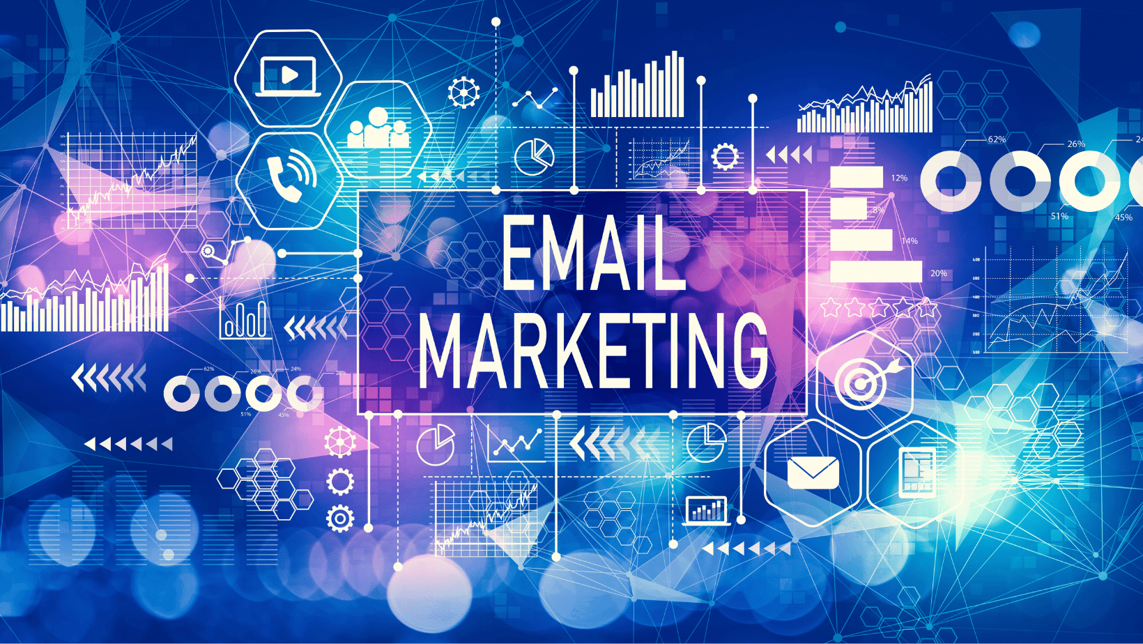 Ascend Adwerks' vibrant digital board displaying 'Email Marketing' surrounded by several email related icons.