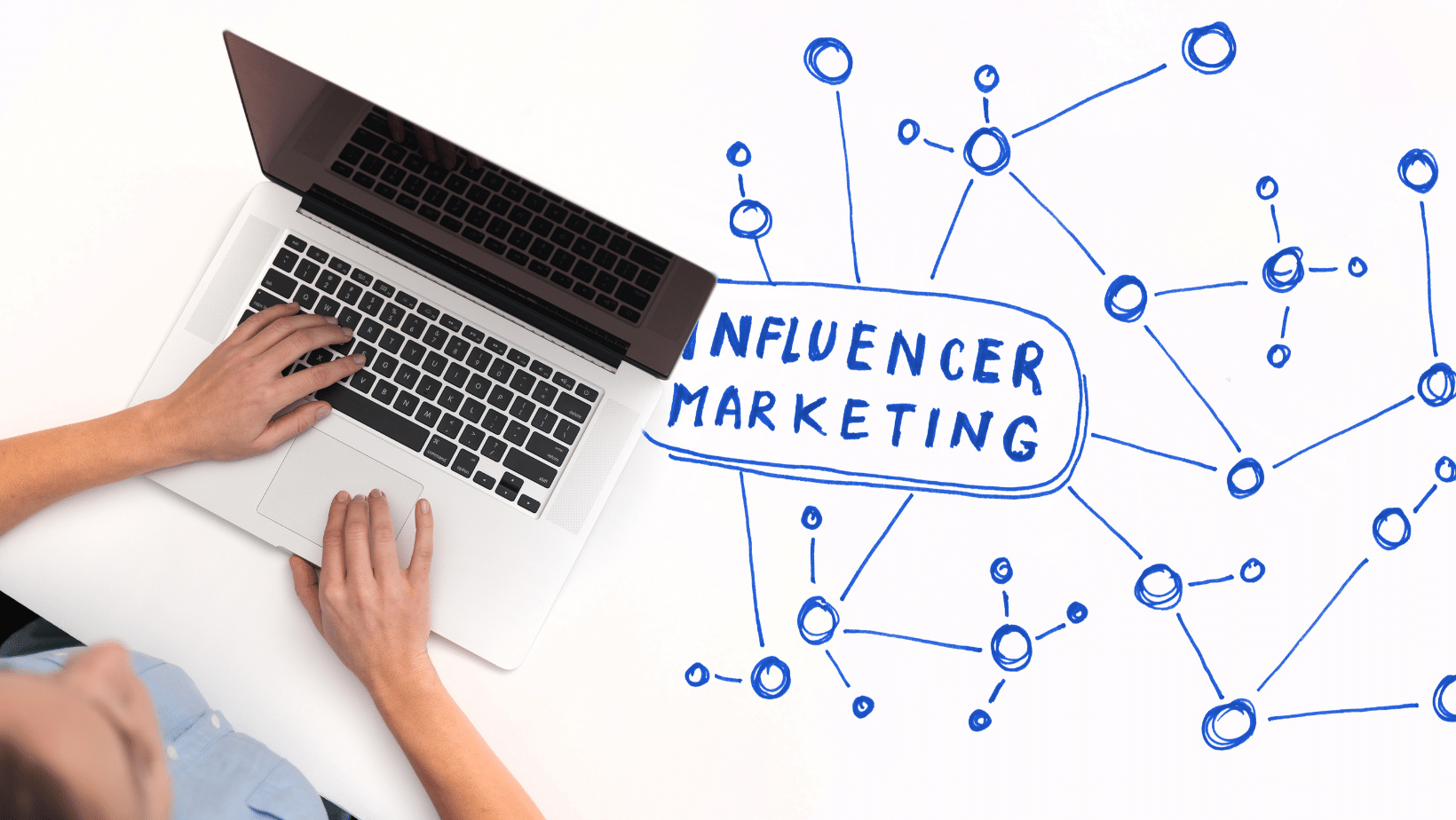An Ascend Adwerks' image of a laptop on a table that has 'influencer marketing' written inside a drawn diagram.