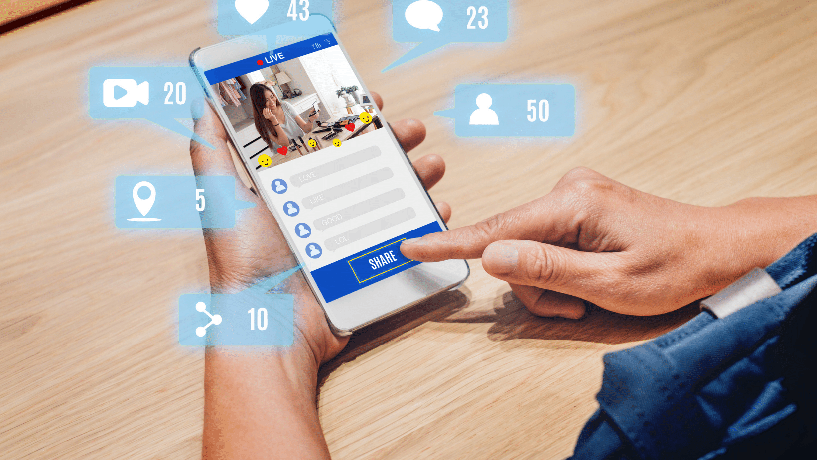 A person using a smart phone with social icons on the screen represents Ascend Adwerks' influencer marketing.