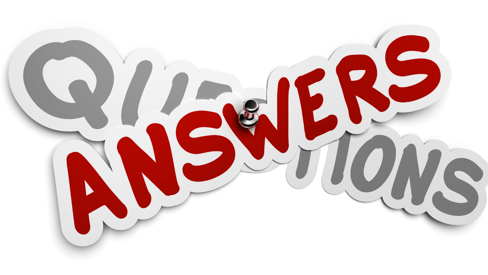 A thumbtack holding up cutouts of the words 'Questions and Answers.'
