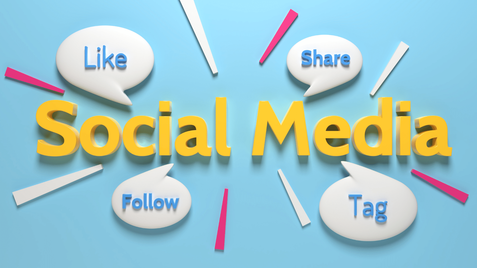 Ascend Adwerk image of 'Social Media' with chat boxes with the words 'Like,' 'Share,' 'Follow,' and 'Tag'.