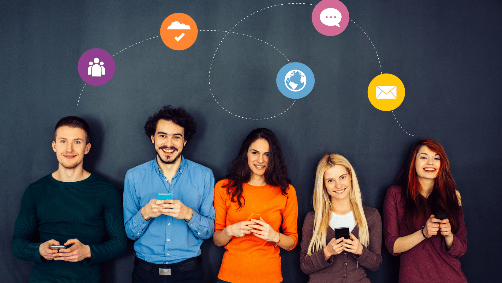 A group of individuals standing in front of a blackboard with social icons.